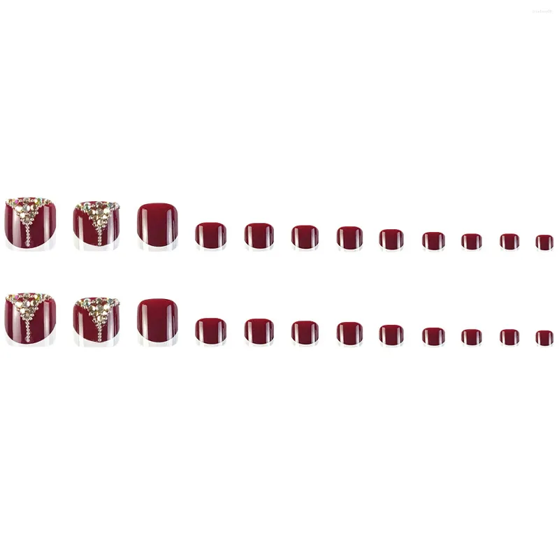 False Nails French Style Burgundy Toenails Natural Unbreakable Nail Simple Wear For Girl Dress Matching