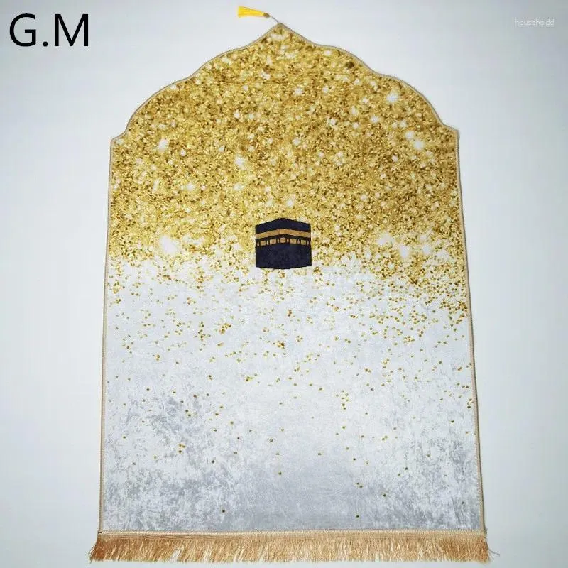 Carpets 3D Profiled Gold Diamond Velvet Prayer Blanket Non-slip Irregular Shape Soft Mat For Muslim Worship Eid Ramadan Gifts