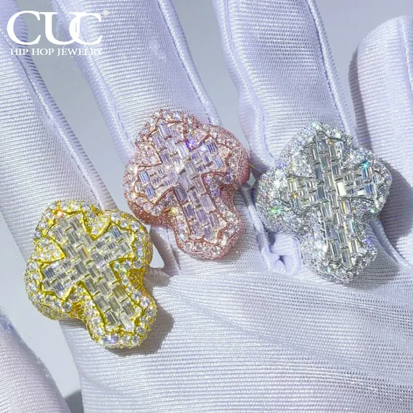 Rings Cuc Baguette Cross Finger Ring Iced Out Aaaa Zircon Iced Out Fashion Luxulry Men Hip Hop Rings Jewelry for Gift