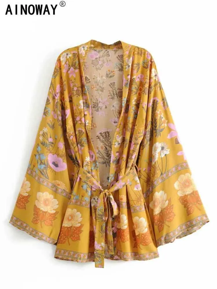 Robes décontractées de base Rétro et à la mode femmes imprimé floral ceinture manches chauve-souris soie artificielle plage bohème kimono robe femmes col en V été bohème J240130