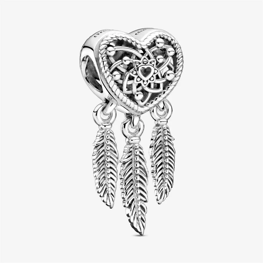 Ny 925 Sterling Silver Openwork Heart Three Feathers Dreamcatcher Charm Fit Original European Charm Armband Fashion Jewelry AC2215