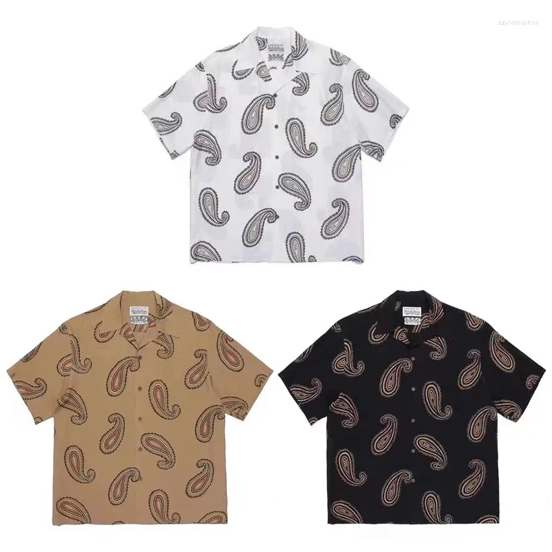 Mäns casual skjortor 23SS Black White Brown Wacko Maria Men Kvinnor 1: 1 Överdimensionerad Hawaiian Short Sleeve Fashion Cashew Flower -knappar Toppar