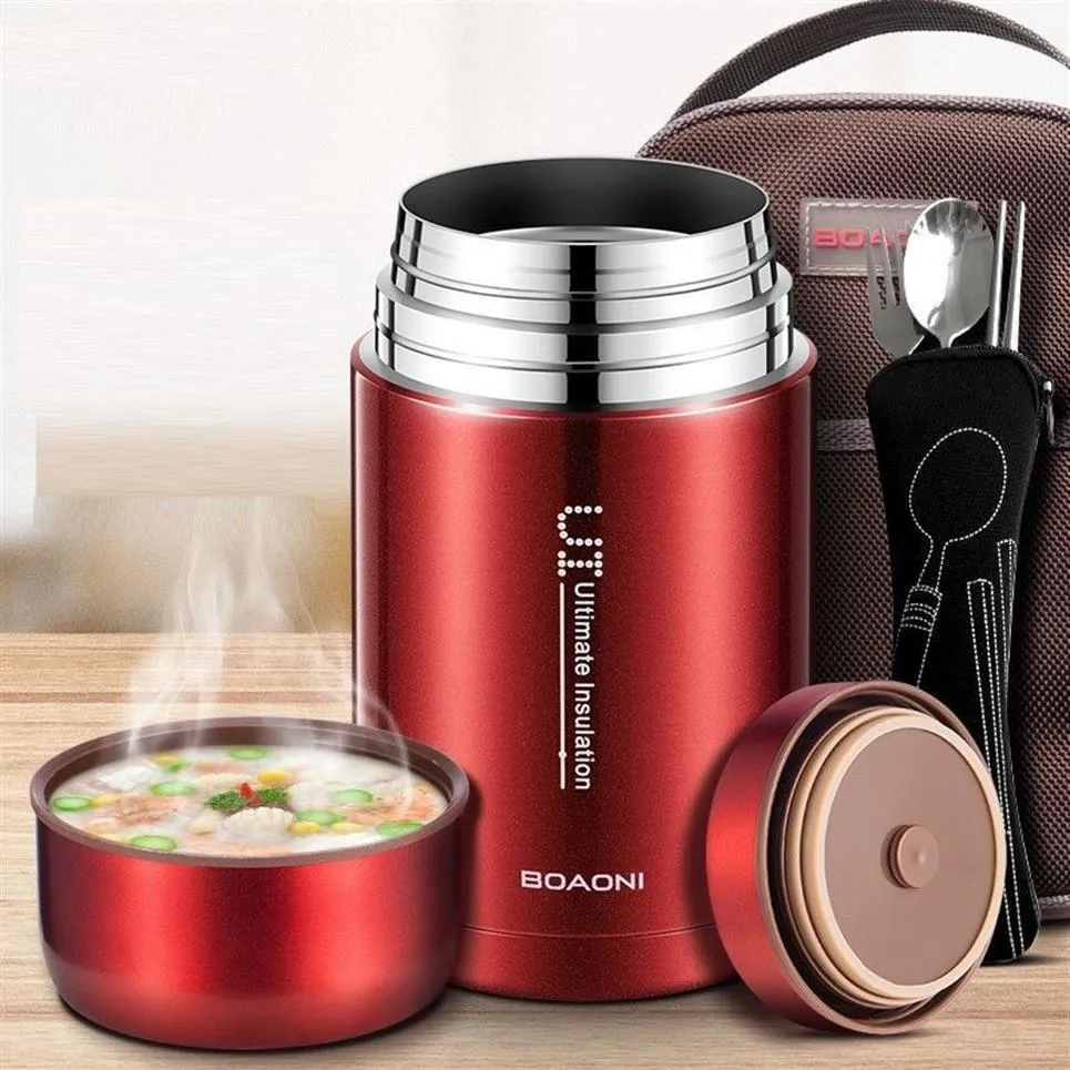 BOAONI 750ml 1000ml Barattolo Termico per Alimenti Contenitori Thermos per Zuppa Isolati Sotto Vuoto Lunch Box in Acciaio Inossidabile 316 con Cucchiaio Pieghevole T20210x