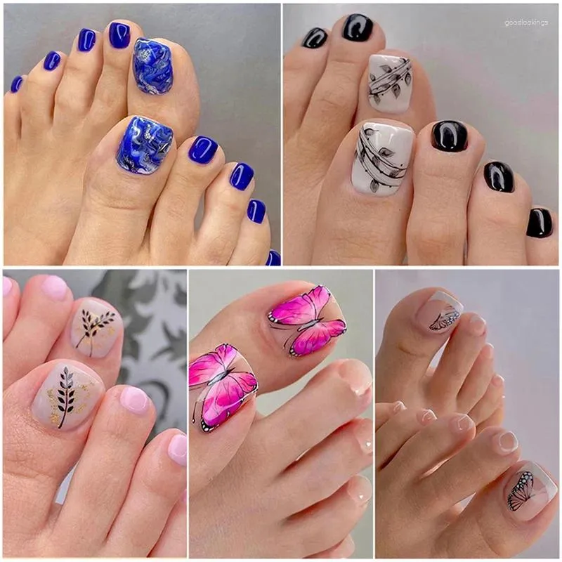 False Nails 24Pcs/Box Fake Toenails With Glue French Line Glitter Toe Art Detachable Press On Acrylic Manicure Tips