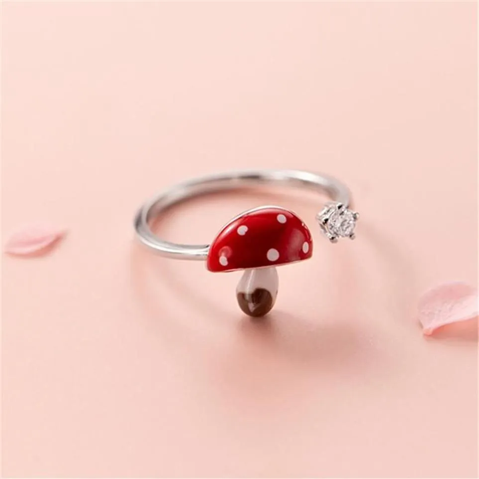 Pierścionki klastra urocze kroplowanie czerwony grzyb otwarty szterling 925 srebrna biżuteria diamenty regulowane dla kobiet -dziewczyny akcesoria 287k