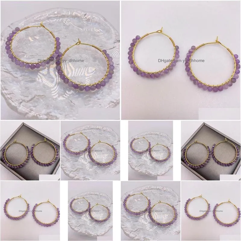 Hoop Huggie Earrings Genuine Amethyst Hoops Dangle Faceted Crystals Elegant 14K Gold Filled Hand Made Wire Wrap Circle For Women D Dhuth