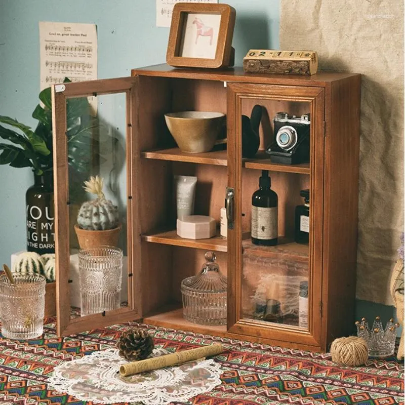 Armoire de rangement de cuisine anti-poussière, porte-gobelet à plusieurs étages, Double porte, service à thé en bois, étagères, décor rétro, organisateur de maquillage