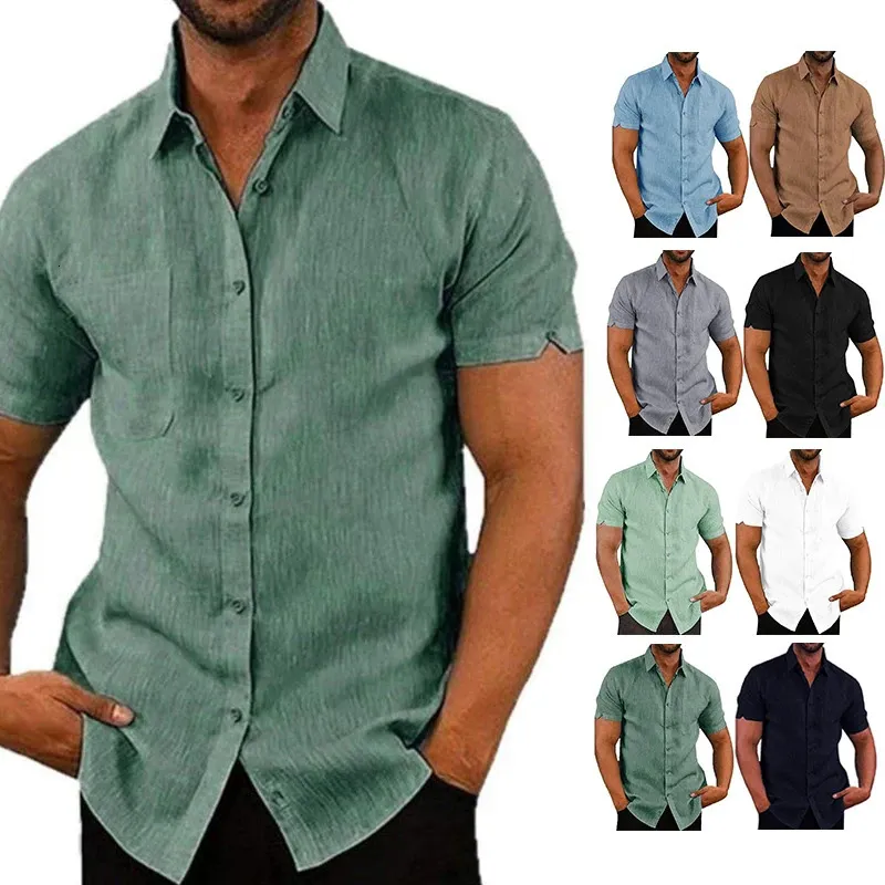 Summer Cotton Linen Mens Casual Short Sleeved Shirt Solid Color Lapel Formell strandskjorta Herrkläder 240130