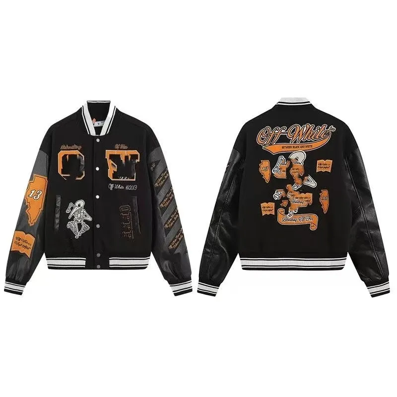 Designer Fashion offs Skull Decal Baseball Jacket Wol tweed Splicing Leather Sleeve Coats Borduren Dames Hip Hop Stijl Winterjassen S-XL