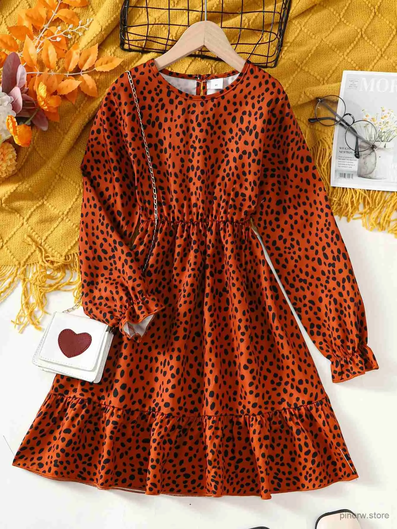 Girl's Dresses Girls Spring and Autumn Round Neck Leopard Pattern Long Sleeve Waist Wrap Dress Suitable for 8-13Y Children