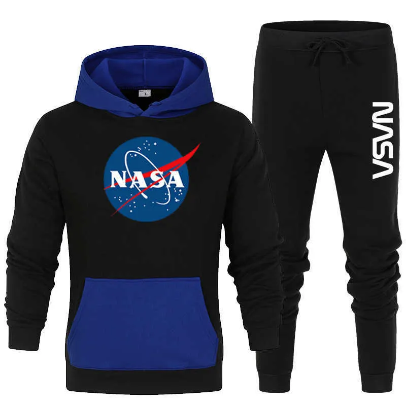 Suéter NASA com capuz e bolso colorido combinando com duas peças de lã de abeto com capuz de aviação masculina