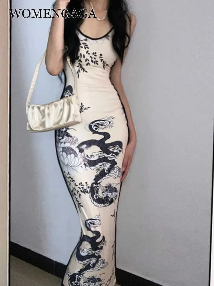 Robes décontractées de base WOMENGAGA Style chinois OL Robe élégante Vintage motif Dragon dos nu Ultra mince Sexy longue Robe douce coréenne haut II9N J240130