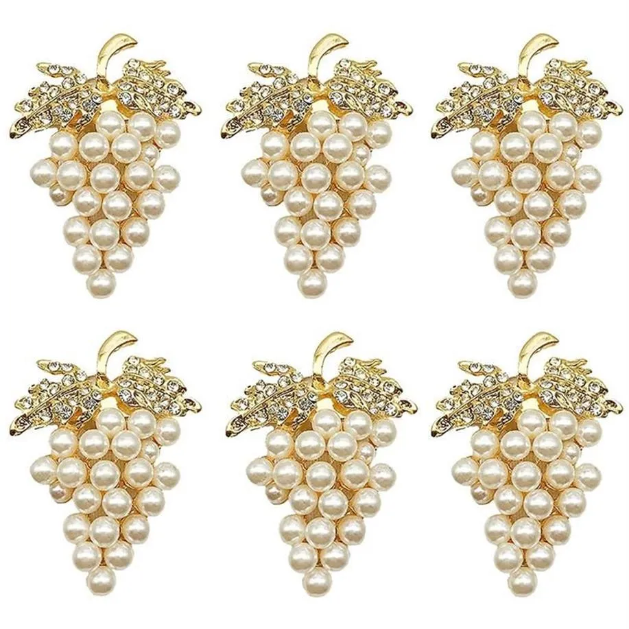 Napkin Rings Grapes Set Of 6 With Glittering Imitation Diamond And Pearls Inlay Alloy Ring Holder234u