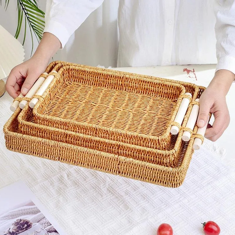 Plates 1PC Coffee Table Imitation Rattan Rectangular Serving Tray With Handles Hand-Woven Plate Drinks And Fruit Basket