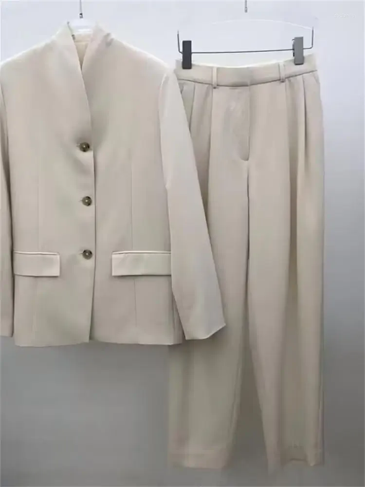 Женские костюмы, женский однобортный пиджак с воротником-стойкой и длинными рукавами или плиссированные свободные длинные брюки 2024, темпераментный пиджак для ранней весны
