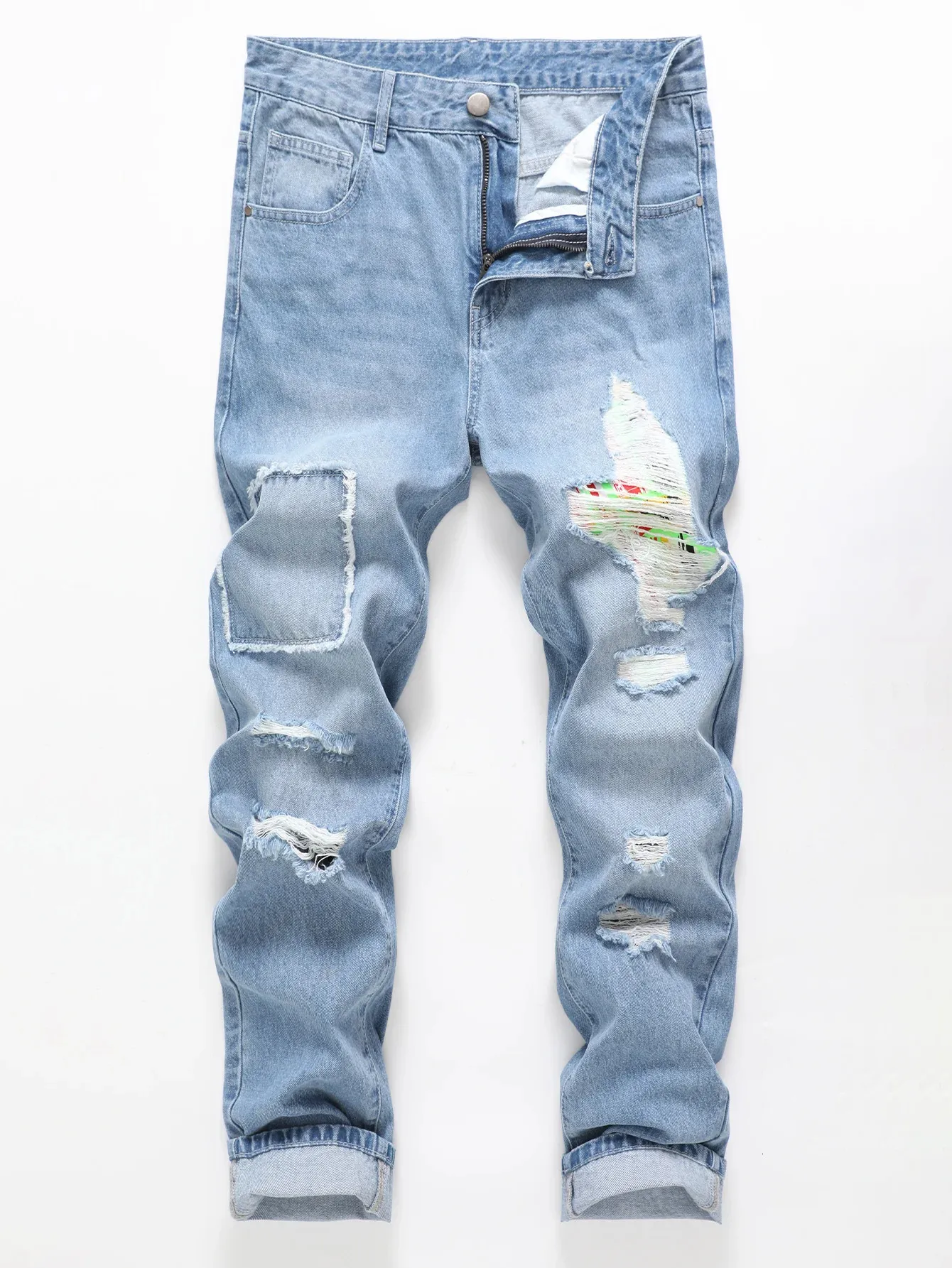 Herr Slim-Fit Non-Stretch Cotton Causal Fashion Slashed and Ripped Denim Pants Jeans 240124