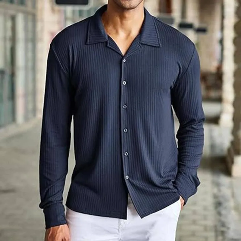 T-shirts pour hommes Couleur unie Simple boutonnage Revers Tissu tricoté Chemise à manches longues Haute N 1 Lâche Boutonné Grand et grand pour les hommes