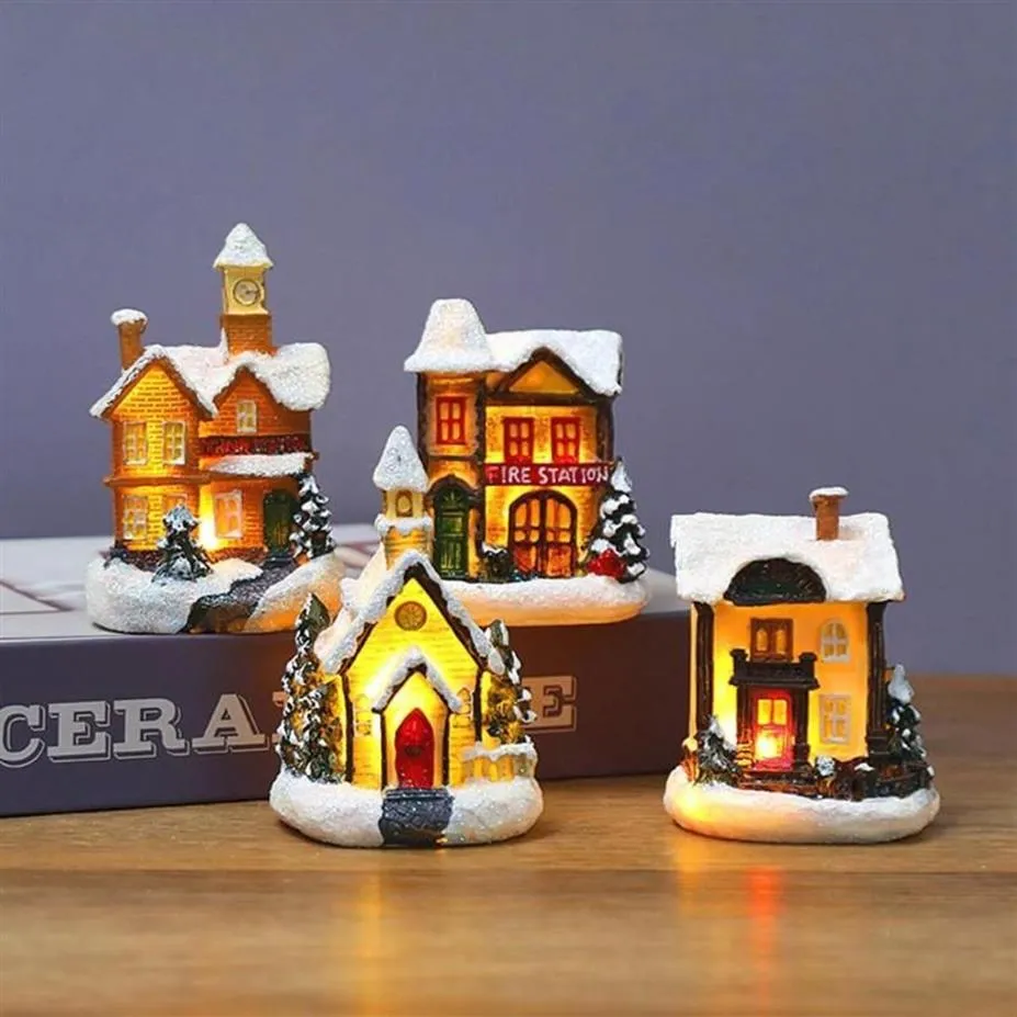 Weihnachtsdekorationen Harzhaus LED-Leuchten Weihnachtsszene Dorf Miniaturdekoration Ornament Jahr 2022 Noel Gifts301z