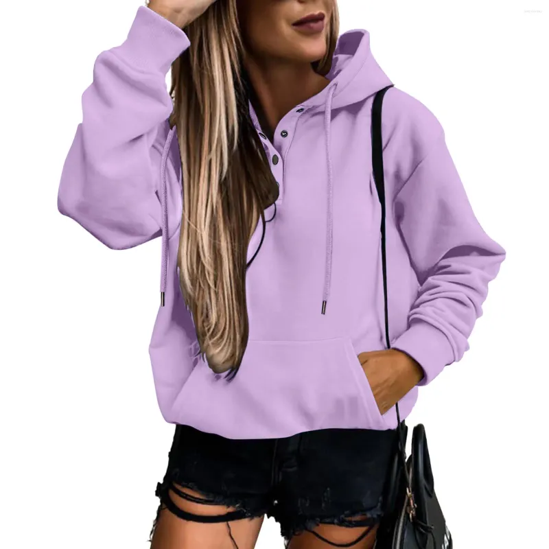 Sweats à capuche pour femmes Bouton Casual Polaire Y2K Style Sweatshirts Taro Violet Manches Longues Poches avec Cordon Automne Hiver Pull Tops