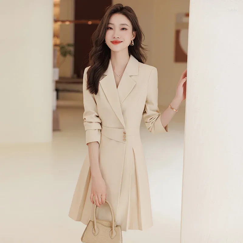 Casual Dresses Blazers Dress Office Lady Long Sleeve Formal Solid Elegant Suit Collar Pockets Slim Knee-Length Women'S