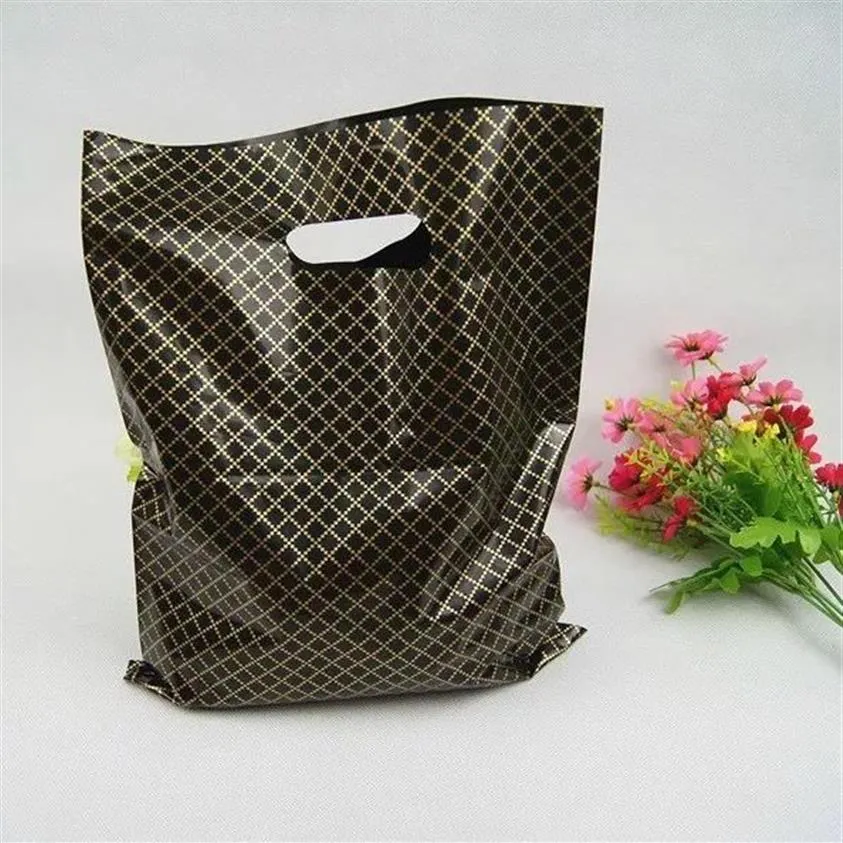 50pcs lot Black Lattice Large Plastic Shopping Bags Thick Boutique Gift Clothing Packaging Plastic Gift Bag With Handles288J