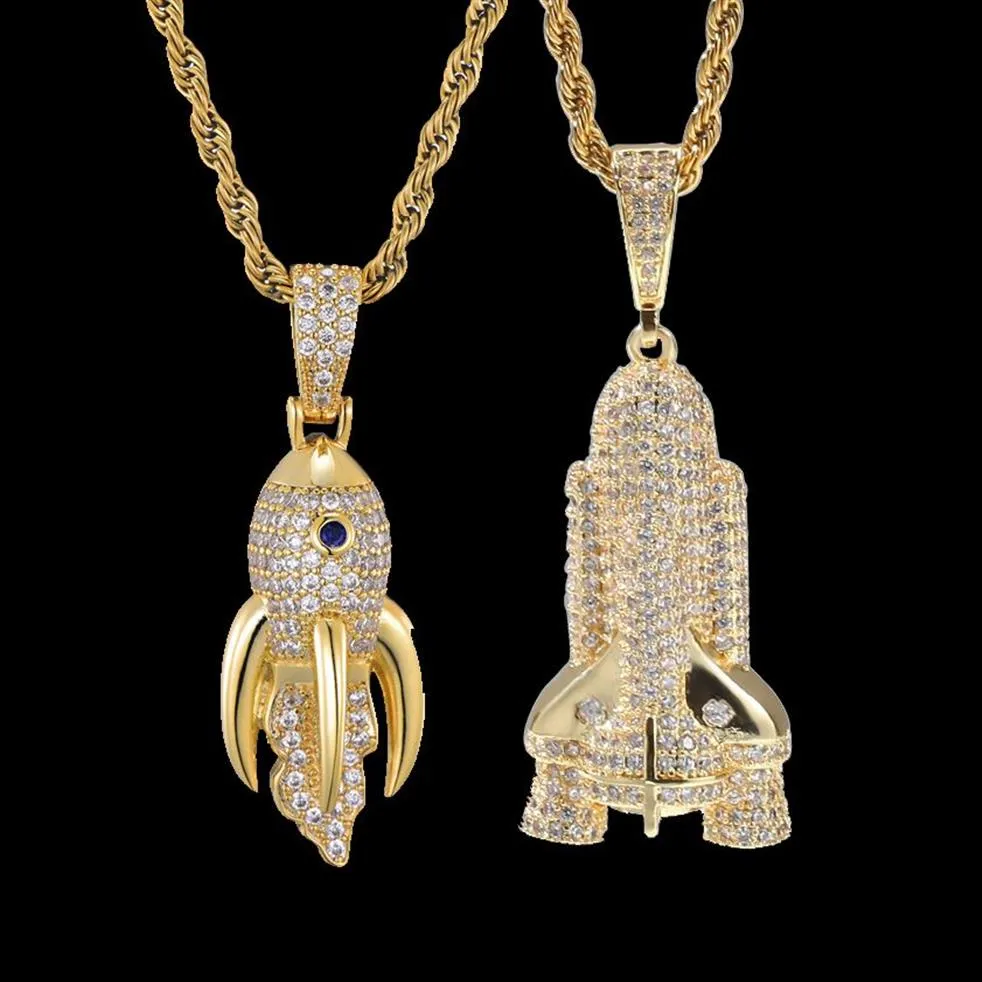 Nouveau mode personnalisé gars plaqué or hommes Bling Rocket Ship pendentif collier chaînes Hip Hop glacé Rock rappeur bijoux cadeau276K