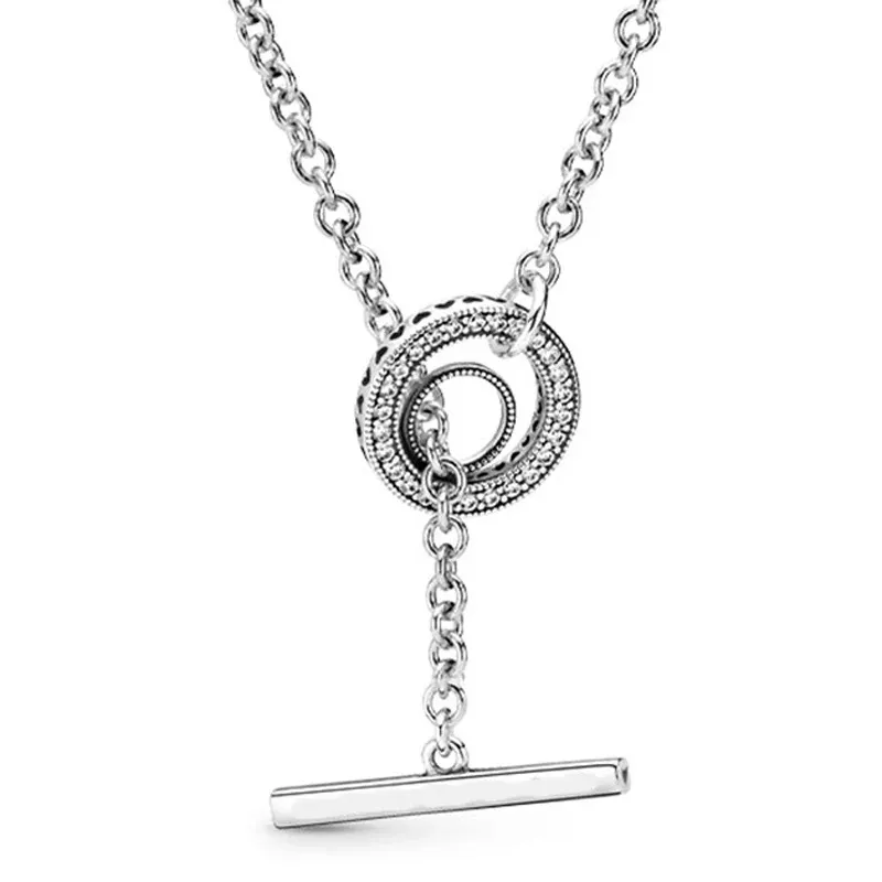 Оригинальный Pave Circle Tbar Сердце с хрустальным ожерельем для 925 стерлингового серебряного серебряного шарма браслета мода Diy Jewelry
