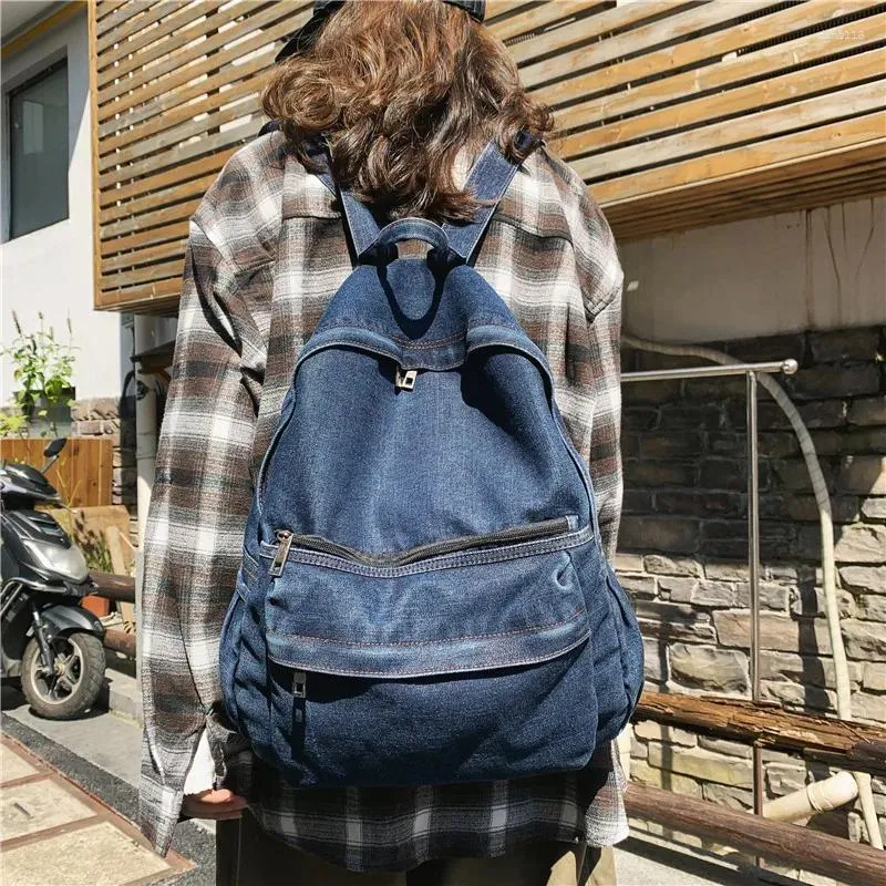 School Bags Female Vintage Denim Fabric Book Backpack Student Casual Travel Jeans Soft Cloth Pockets Roomy Laptop Everyday Knapsack