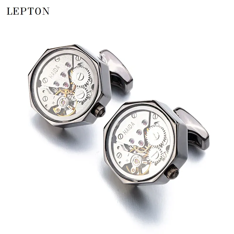 Boutons de manchette Lepton fonctionnel montre mouvement boutons de manchette avec verre vente chaude en acier inoxydable Steampunk Gear montre mécanisme boutons de manchette pour hommes