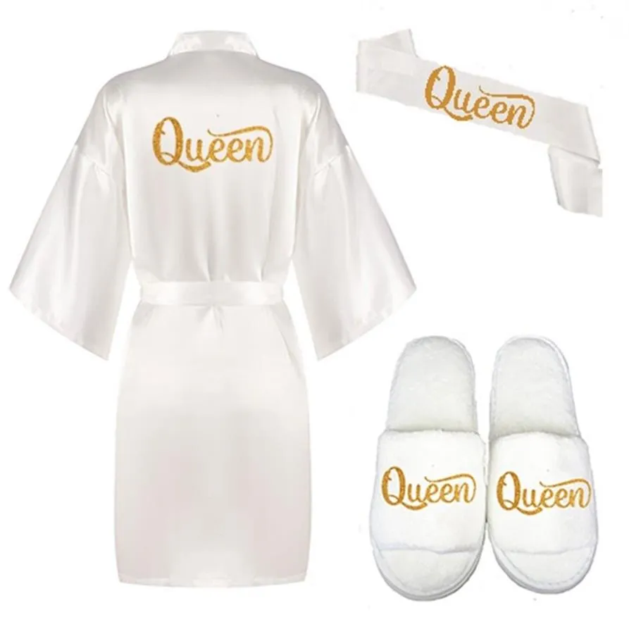 комплект из 3 предметов, блестящий золотой королевский халат, атласный халат для невесты, женские белые кимоно, пижамы, кимоно для свадебной вечеринки, свадебные халаты королевы невесты 210831231d