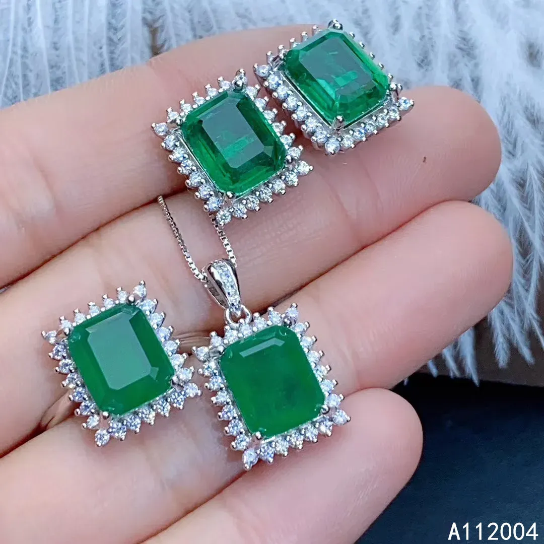 خواتم خواتم فاخرة مجوهرات نقية Sier الصينية الطبيعية Emerald النسائية الكلاسيكية المستطيل الجوهرة حلقة الحلق مجموعة الدعم