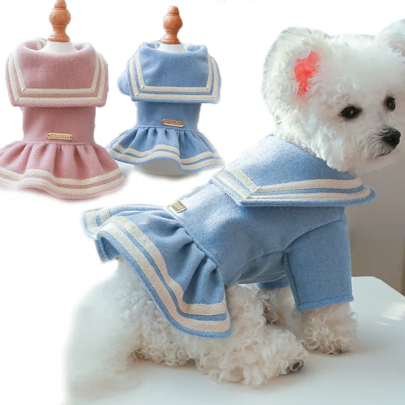 Vestuário coleira de marinheiro feminino roupas para cães rosa azul lã outono inverno vestidos para animais de estimação yorkshire terrier trajes de gato acessórios pequeno filhote de cachorro