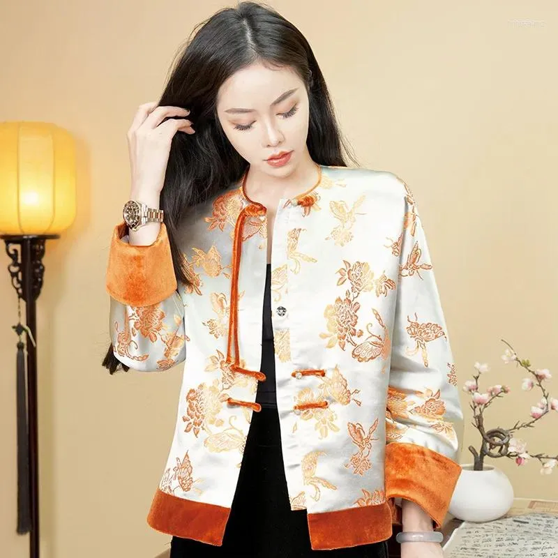 Ethnic Clothing Spring Style Pavilions Embroidery Acetate Chinese Jacket Women's Retro Contrast Color Cuff Top S-XXL