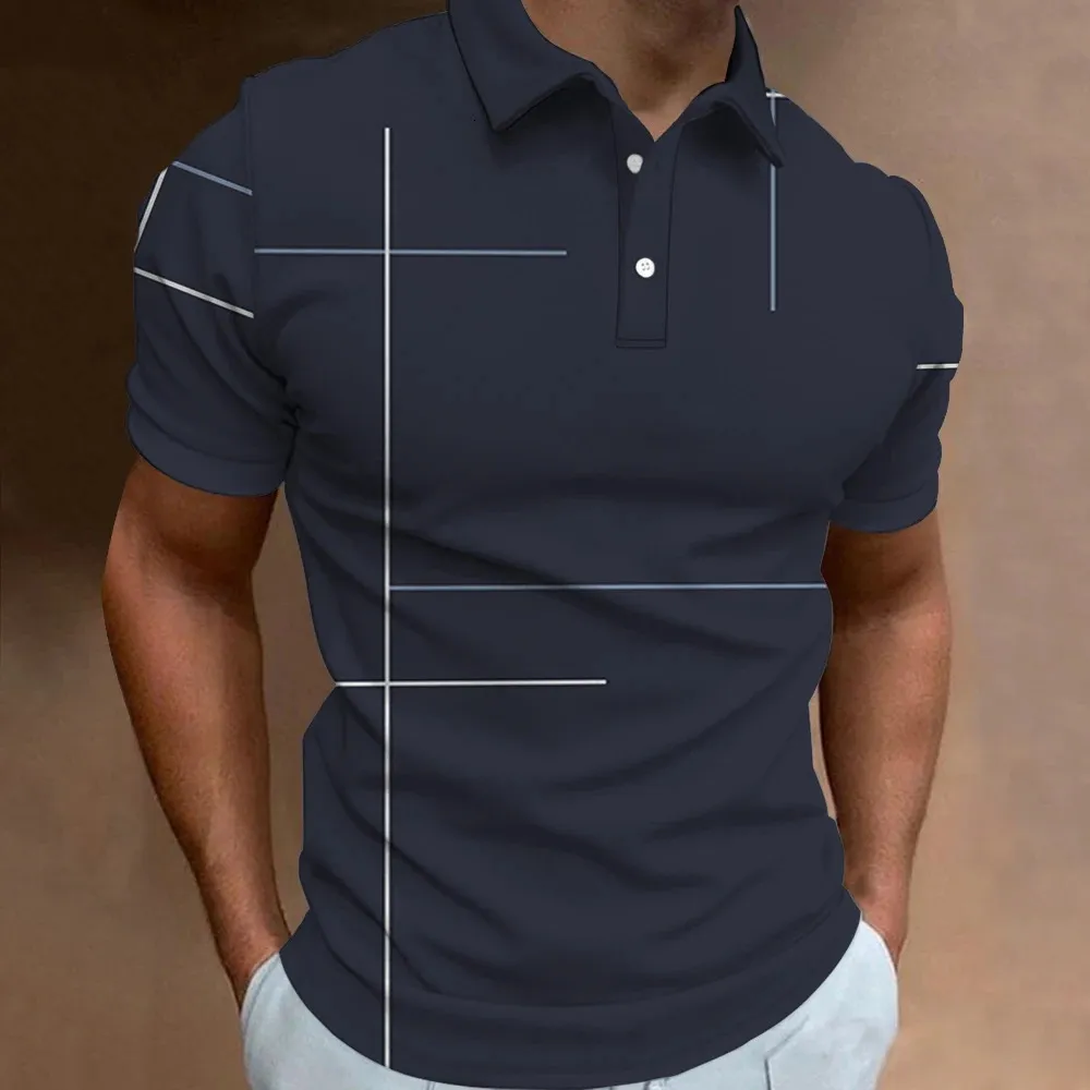 Camisa polo masculina simples linha 3d impressa moda masculina verão casual manga curta solta camisa esportiva de grandes dimensões topo de rua 240130