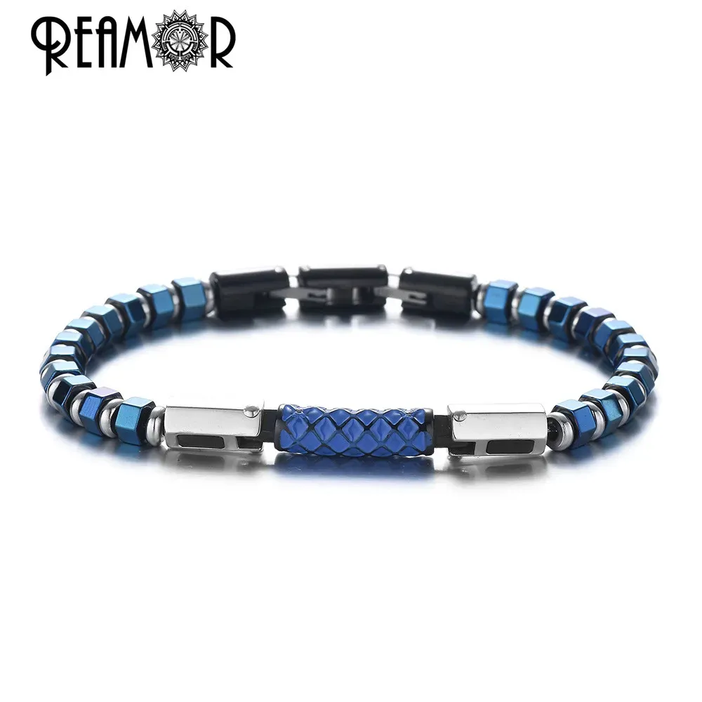Bracelets Reamor Luxury Blue Ematel Craft en acier inoxydable Connecteur Bracelets Men Femmes Bleu Bleu Hématite avec un fermoir détachable bijoux