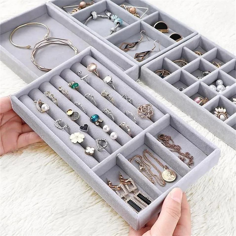 Bijoux Pochettes Sacs 3pcs Tiroir DIY Boîte Organisateur Plateau Bague Bracelet Vitrine Velours Bijoux Stockage Boucle D'oreille Titulaire Fit Mo294C