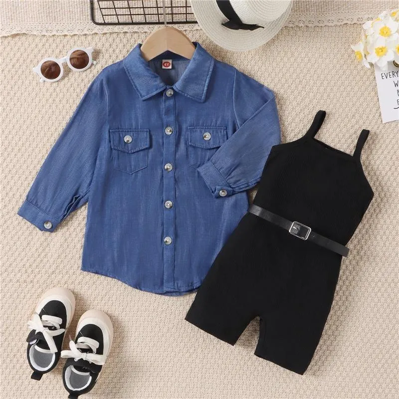 Clothing Sets Kids Girl Fall Outfits Solid Color Sleeveless Rib Knit Cami Playsuits Rompers With Belt And Denim Shirts Coat 3Pcs Clothes Set