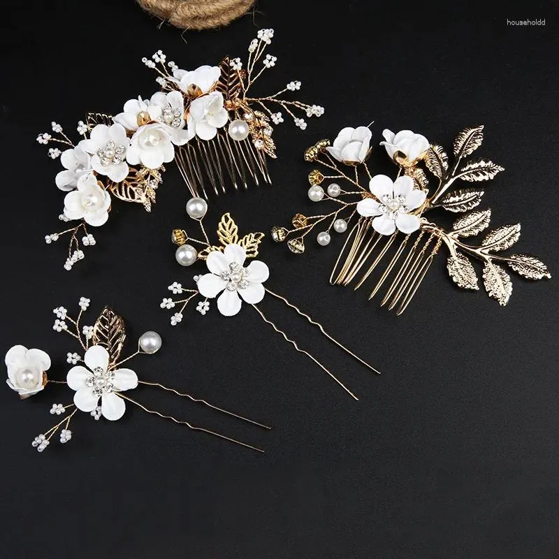 Fermagli per capelli da donna Perla con strass Pettine per capelli Ornamenti Palla Sposa Corona nuziale Accessori eleganti Copricapo a foglia in lega