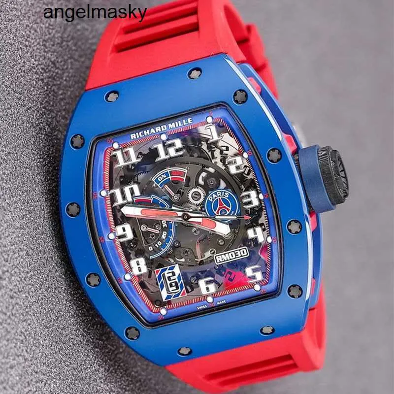 Tourbillon WatchRM Wrist Watch RMwatches Wristwatch Rm030 Blue Ceramic Side Red Paris Limited Dial 42.7*50mm with Insurance