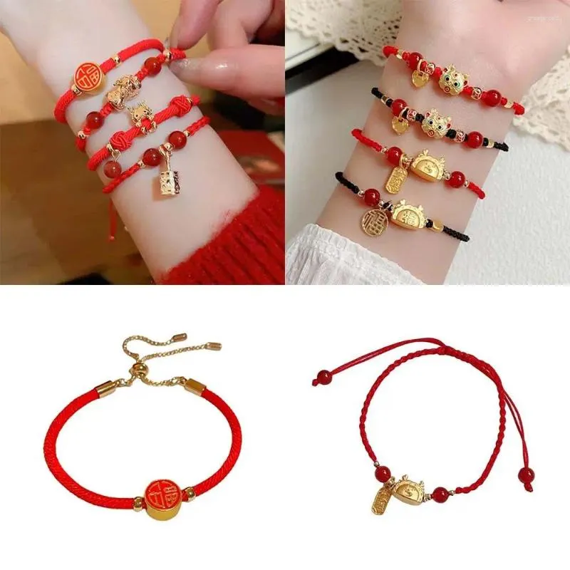 Strand Chinese Style Dragon Year Bracelet Retro Pearls Pendant Fortune Zodiac Imitation Agate Lucky Red Rope Girls