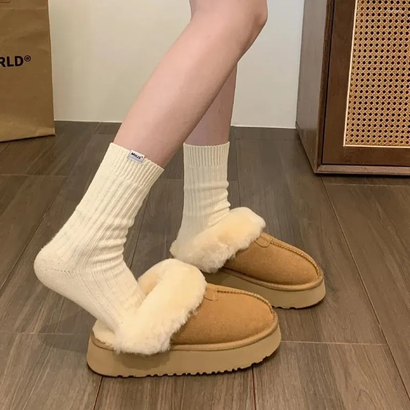 Pantoufles Chaussures d'hiver pour femmes Bottes de neige à semelle épaisse en peluche et coton épais pour la maison