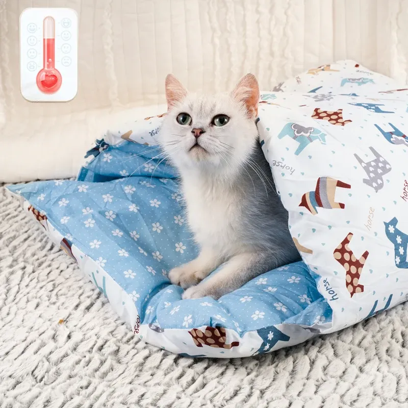 Mattor japansk kattbädd varm katt sovsäck djup sömn grotta vinter avtagbar husdjur hus säng för katter hundar bo kudde med kudde