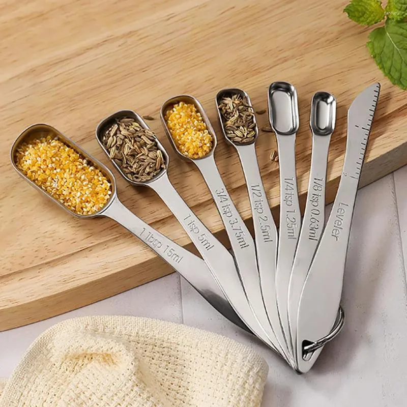 Measuring Tools 7pcs/Set Spoon Set With Leveler Long Handle Stainless Steel Cups For Dry Liquid Spices Kitchen Gadgets