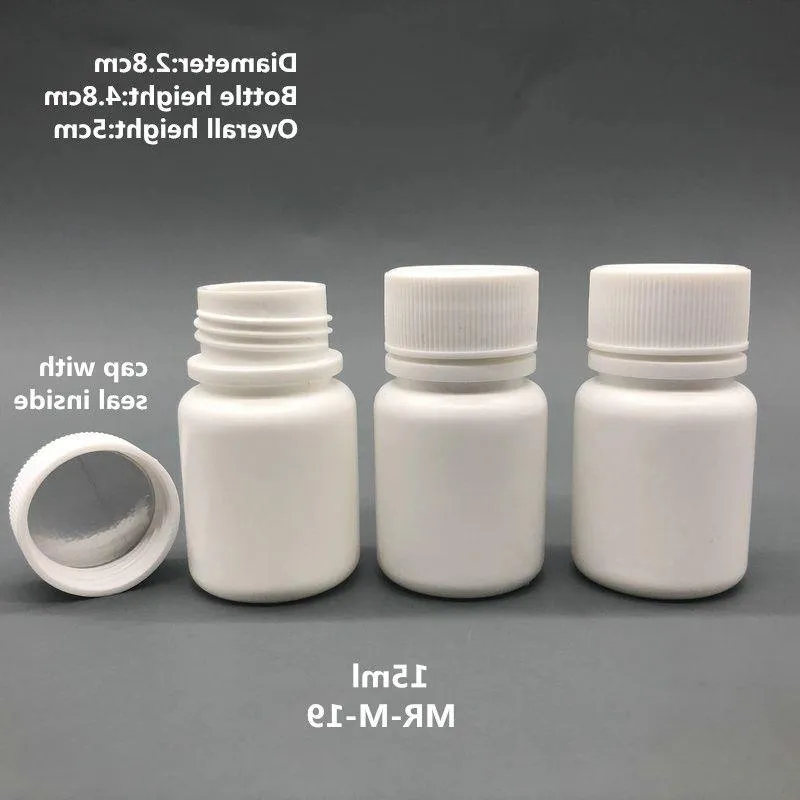 送料無料100ml 15ml 15g 15cc hdpe白い小さな空のプラスチックピルボトルプラスチック製薬コンテナキャップシーラーecrul