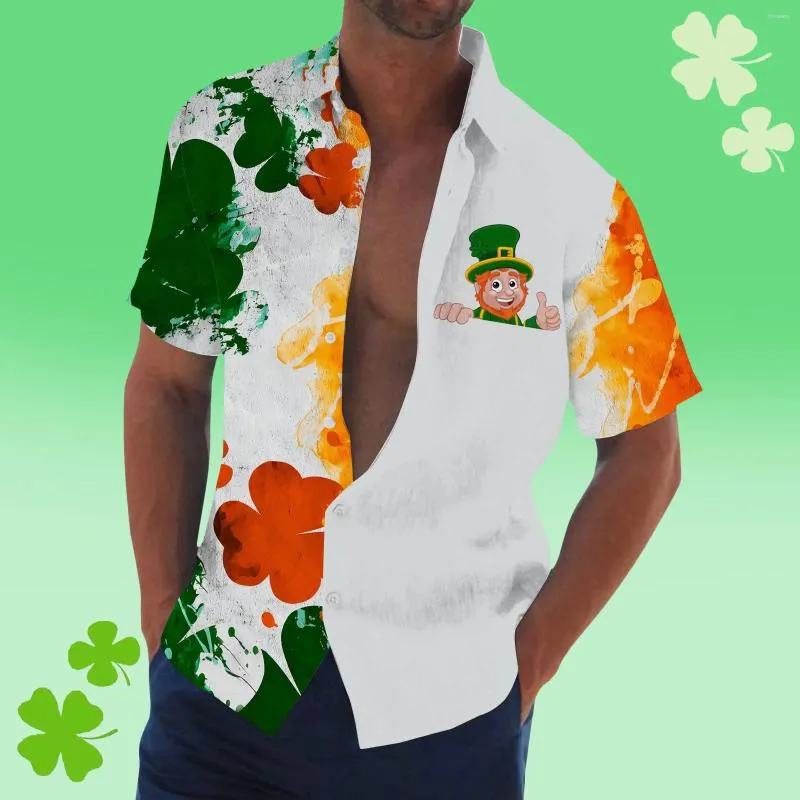 Chemises décontractées pour hommes St. Patricks Day Irlandais Trèfle Nain Imprimé Haut Revers Bouton Blouses D'été Chemise Hawaïenne Usure Quotidienne