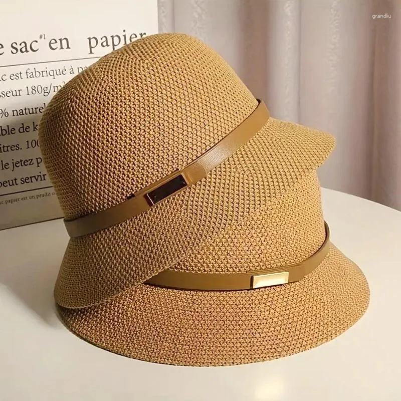 Berets Women Breathable Beach Cap Belt Decor Sun Hats Sunscreen Bucket Hat Fisherman Vacation Retro Summer Elegant