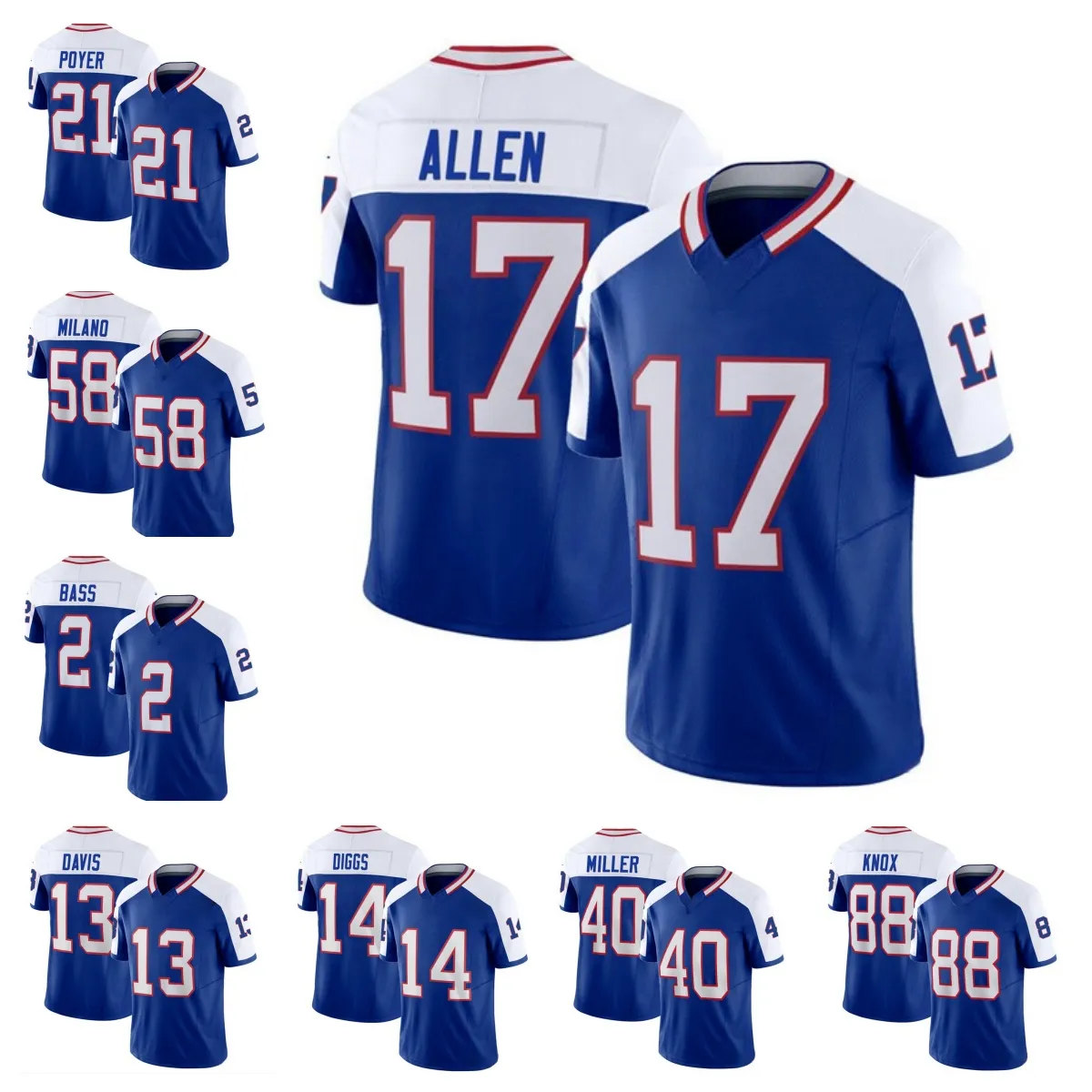 Buffalo''bills''josh Allen Stefon Diggs von Miller Blue/White 2023 F.U.S.E. Jersey zszyty piłka nożna nietykalna.