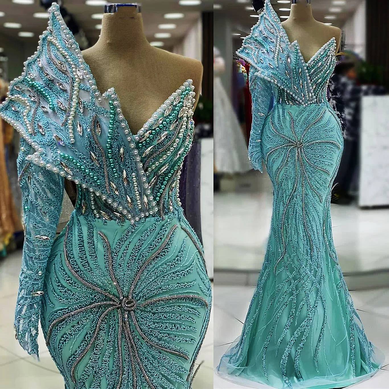 2024 Aso Ebi Sky Blue Mermaid Prom jurk kristallen één schouderavond formeel feest tweede receptie verjaardag verloving jurken jurken jurken robe de soiree