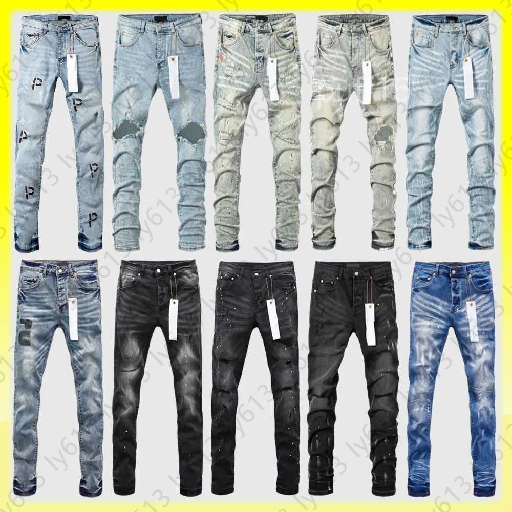 Designer jeans för män lila jeans high street denim tår Europe och USA modevatten fit hole hiphop smala jean byxor z 6a6g