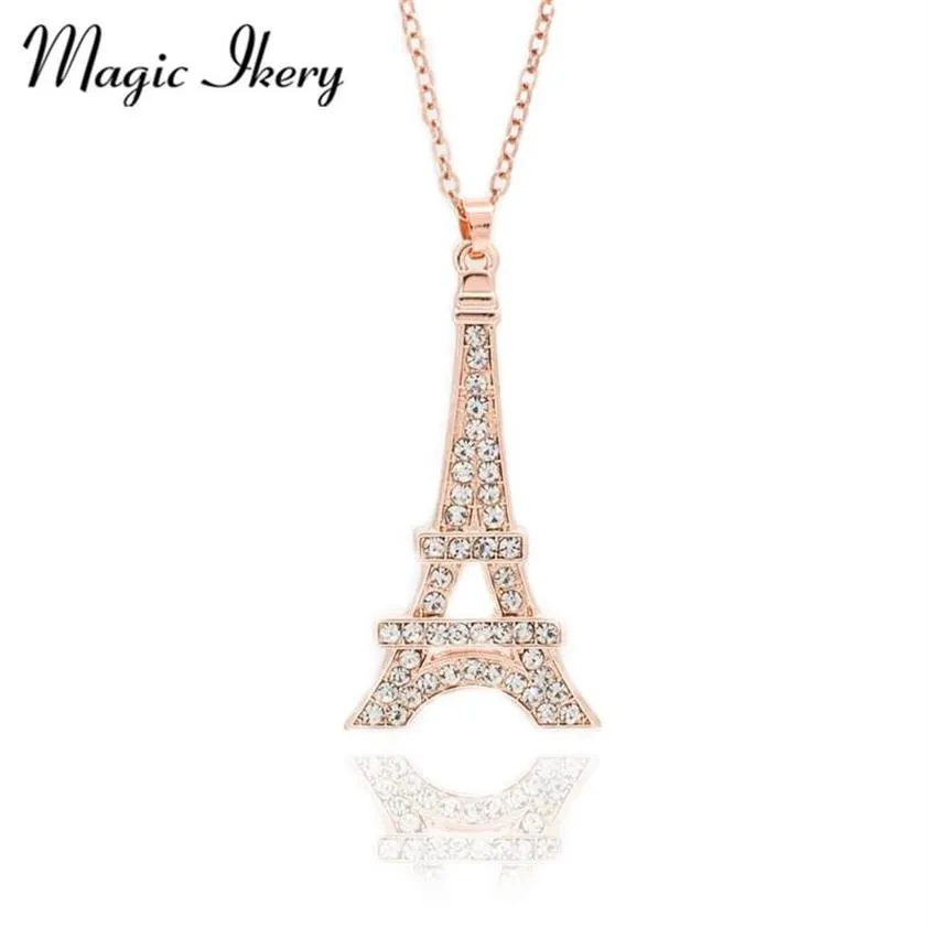 Magic Ikery Zircon Crystal Classic Paris Eiffel Tower Pendent & Necklaces Rose Gold Color Fashion Jewelry for women MKZ1392289L
